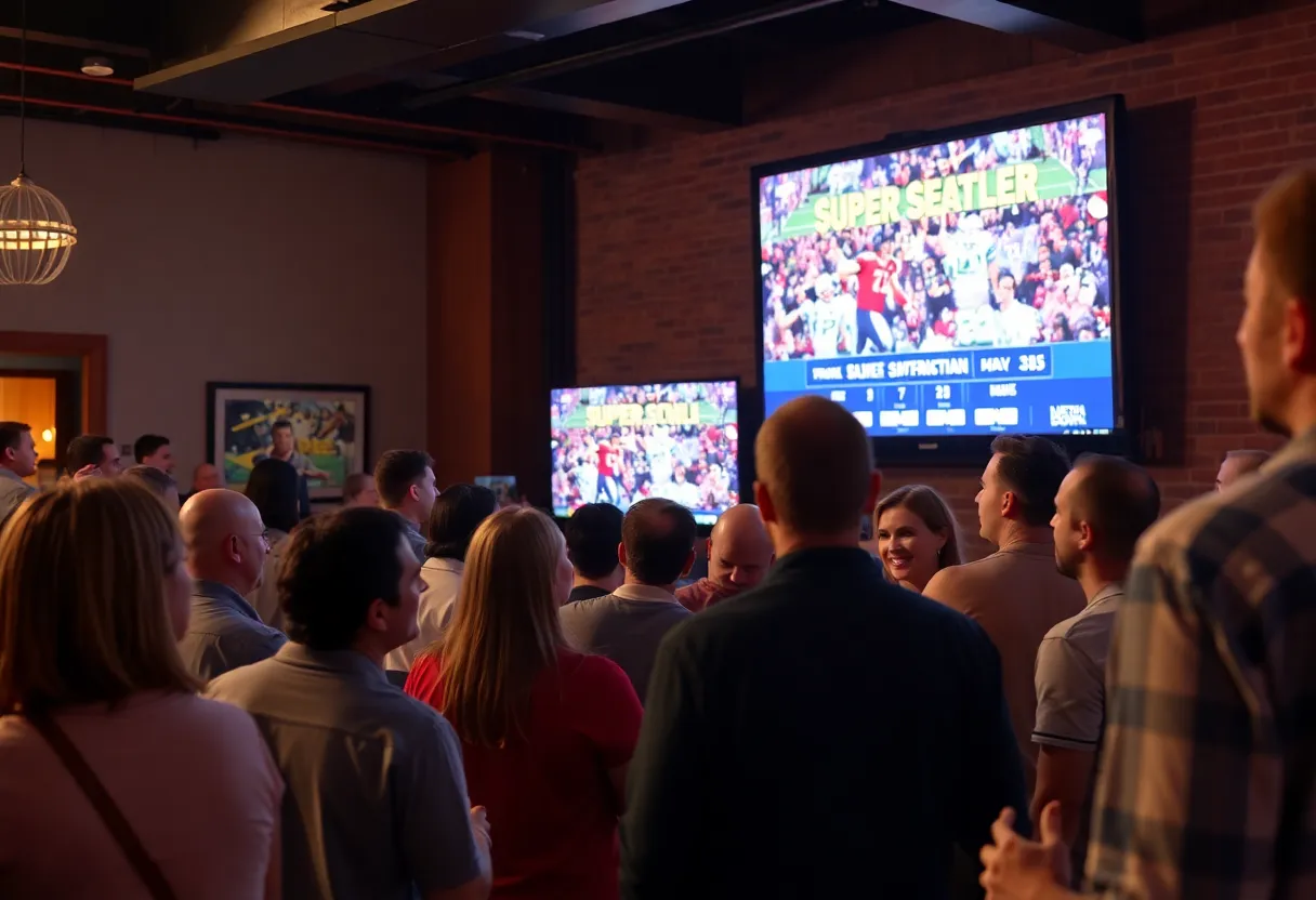 Attendees enjoying the Super Bowl ad watch party in East Lansing