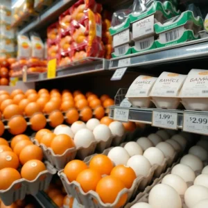 Display of egg prices in a grocery store aisle