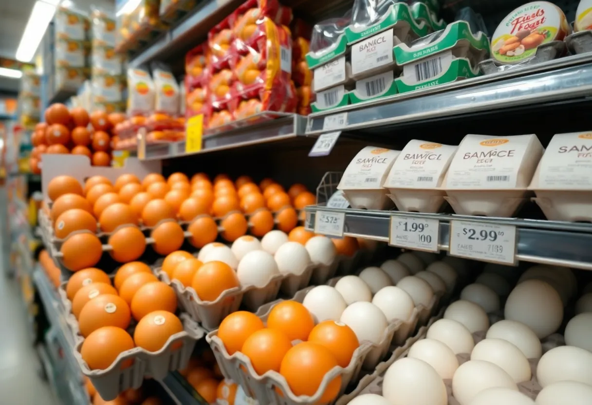 Display of egg prices in a grocery store aisle