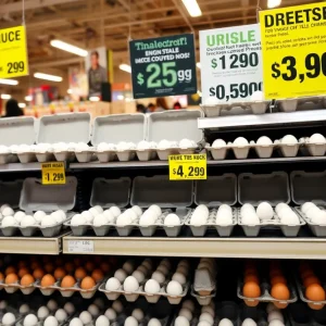 Empty egg cartons on a grocery store shelf with a price sign