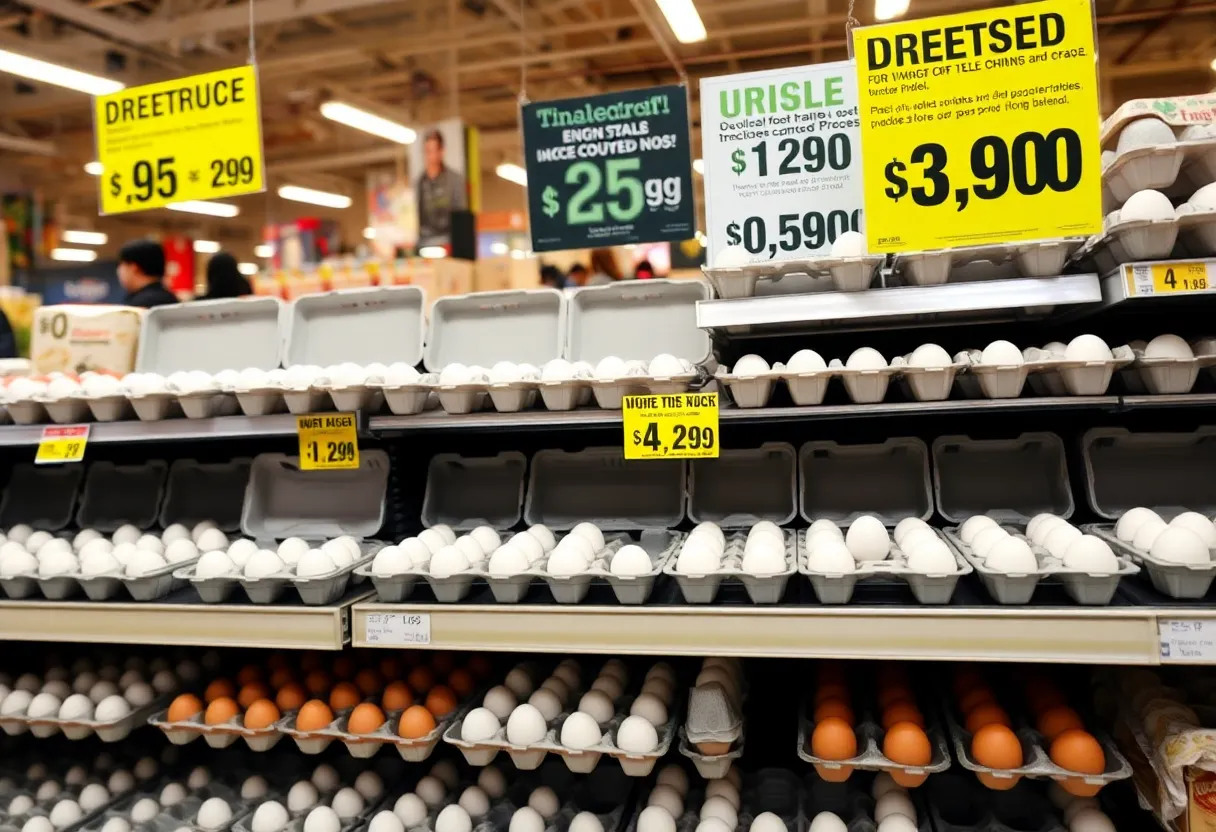 Empty egg cartons on a grocery store shelf with a price sign