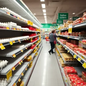 Empty egg shelf in grocery store with price tags