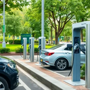 Electric vehicles charging at a modern charging station.