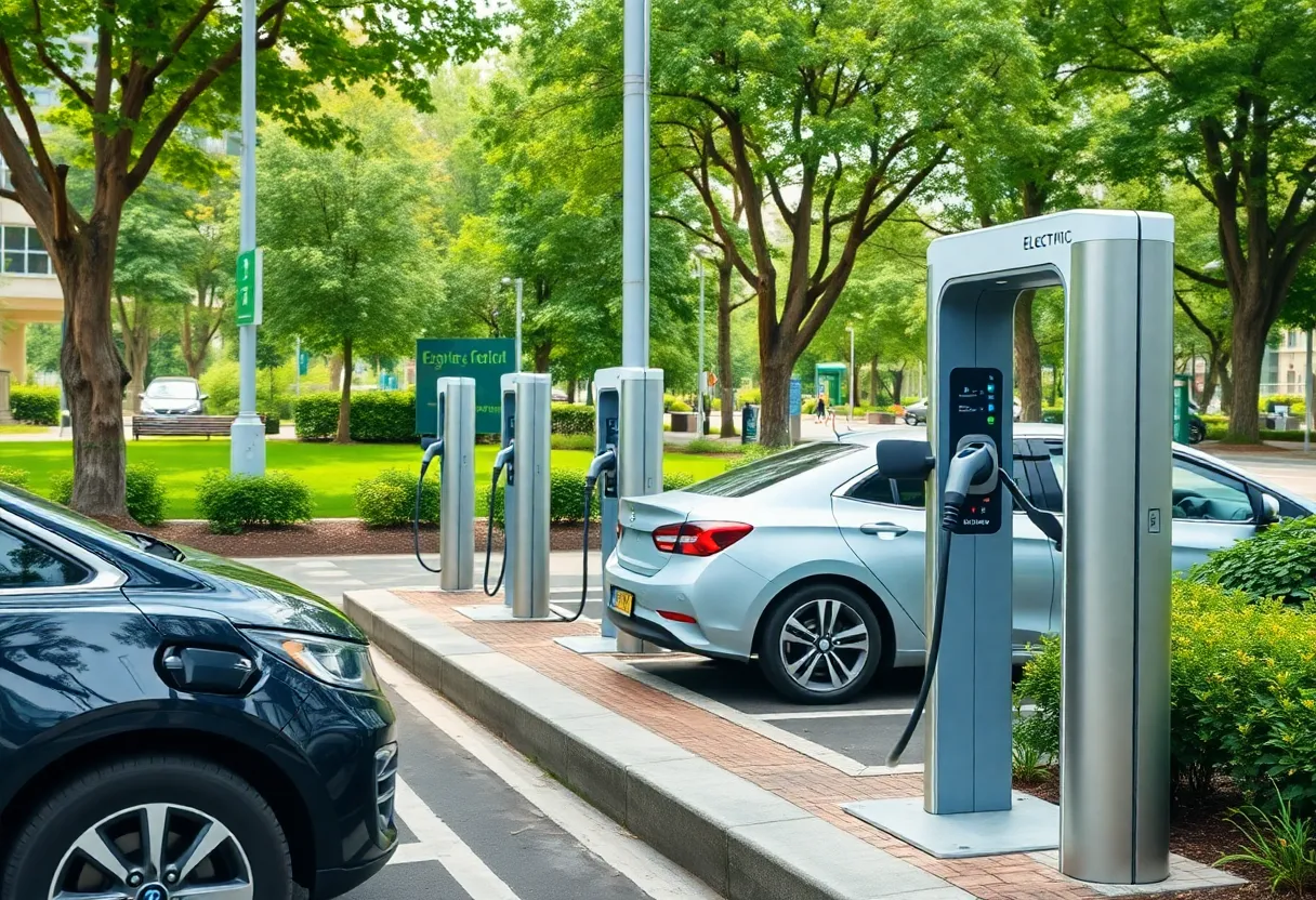 Electric vehicles charging at a modern charging station.