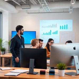 A digital marketing team discussing email marketing strategies in an office.