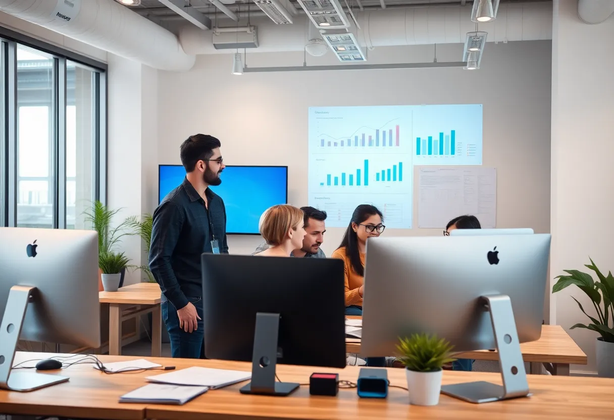 A digital marketing team discussing email marketing strategies in an office.