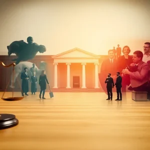 Illustration depicting a family court in crisis with symbols of justice and family support.