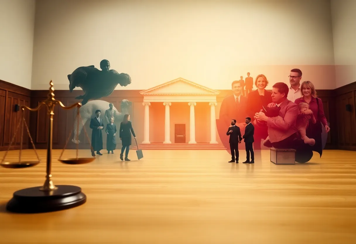 Illustration depicting a family court in crisis with symbols of justice and family support.