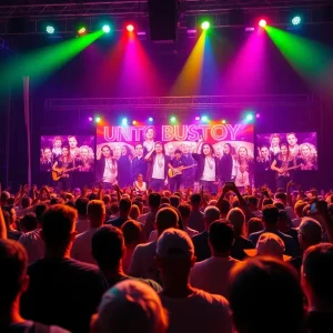 Crowd enjoying the FireAid concert with bright stage lights