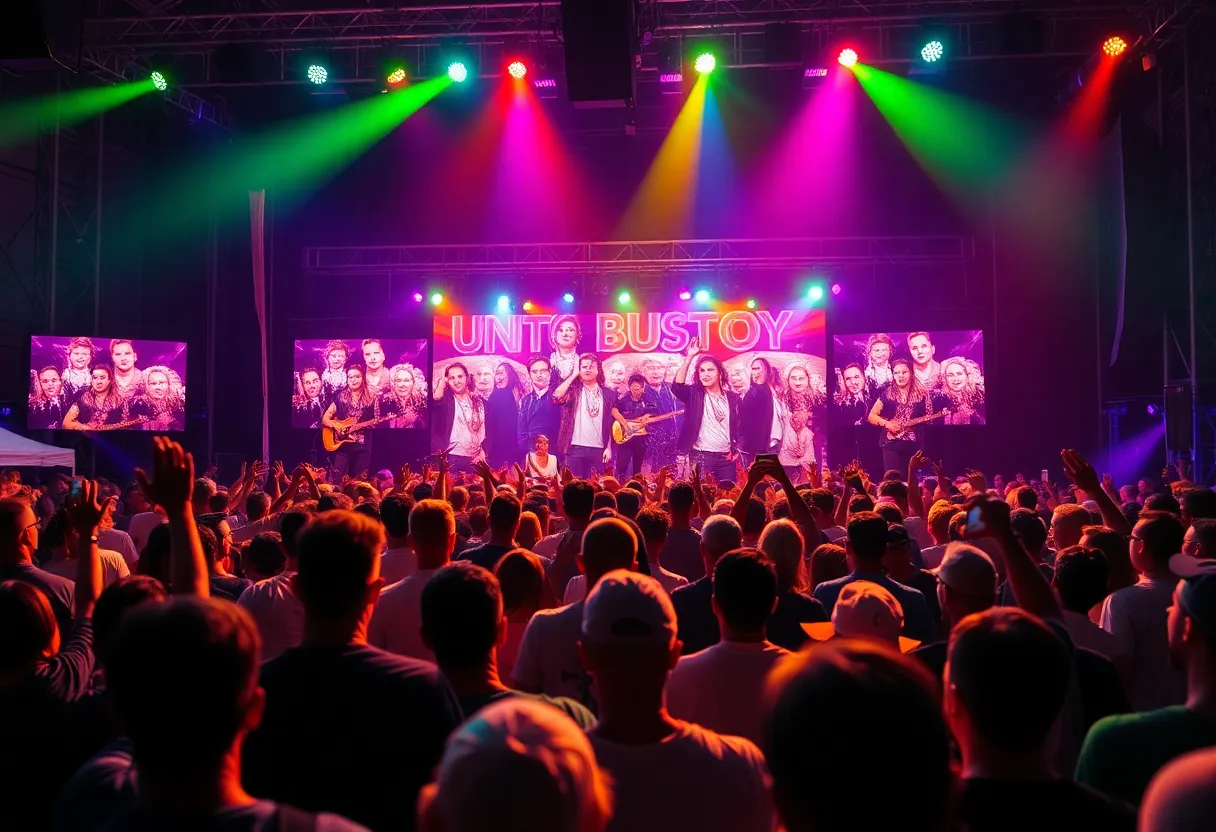 Crowd enjoying the FireAid concert with bright stage lights