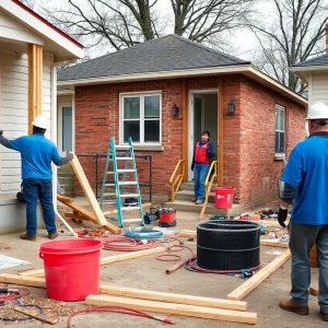 Construction workers repairing flood-damaged homes in Southwest Detroit