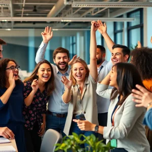 Employees at Fortune Media collaborating in a vibrant office