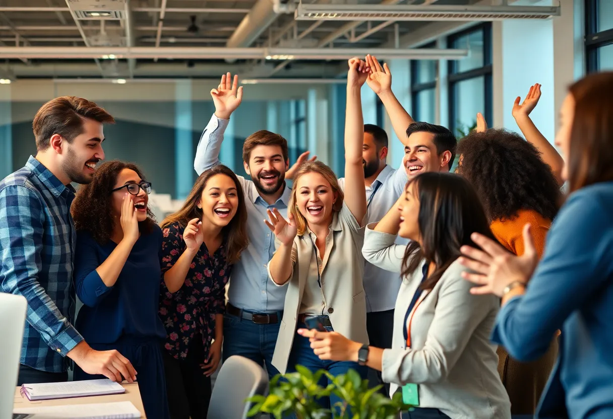 Employees at Fortune Media collaborating in a vibrant office