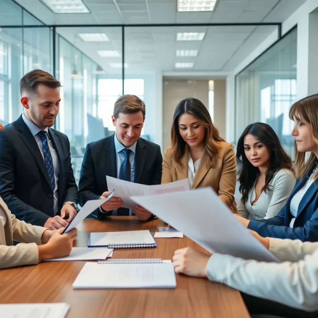 Professionals discussing policy updates in a modern office setting.