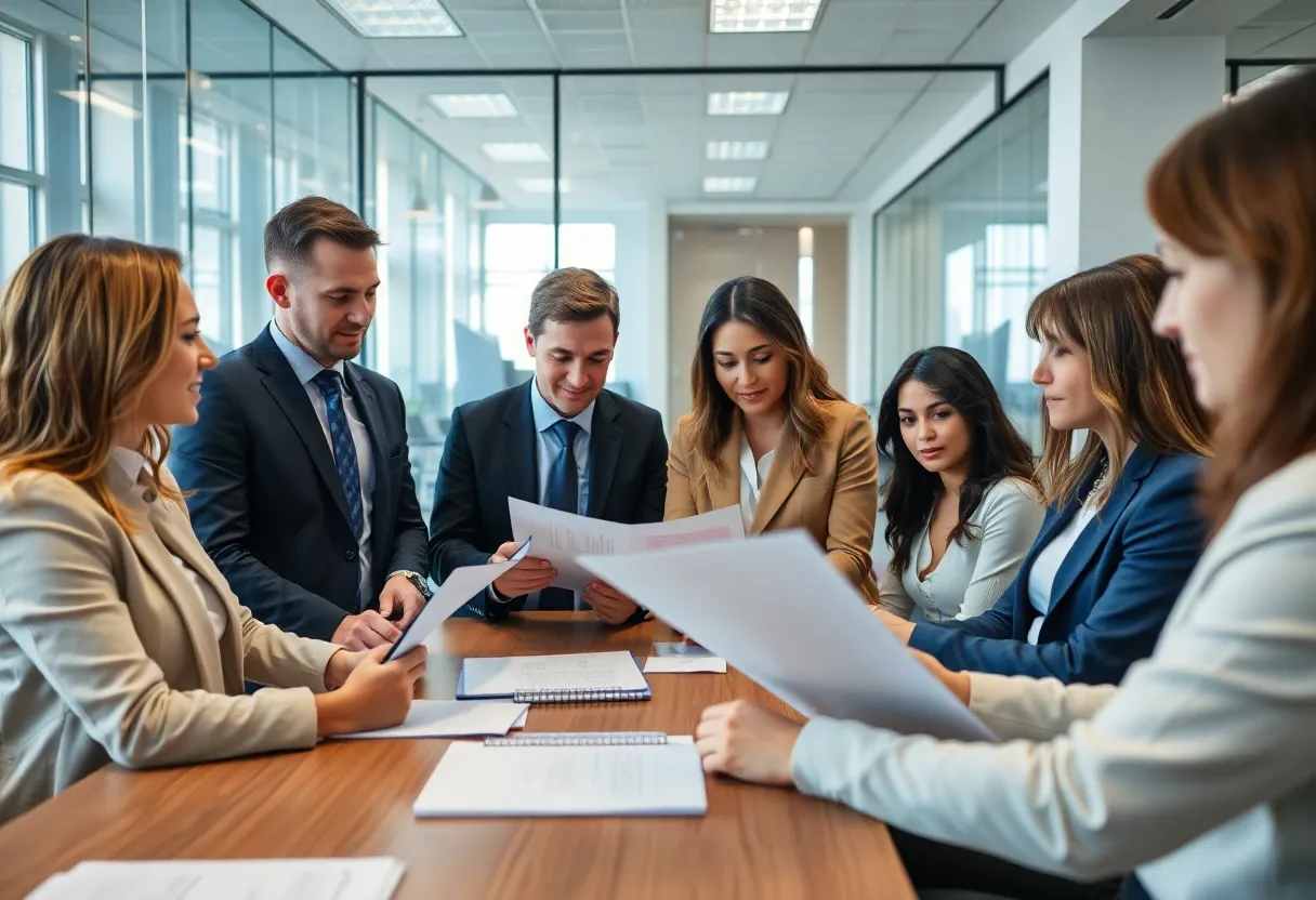 Professionals discussing policy updates in a modern office setting.