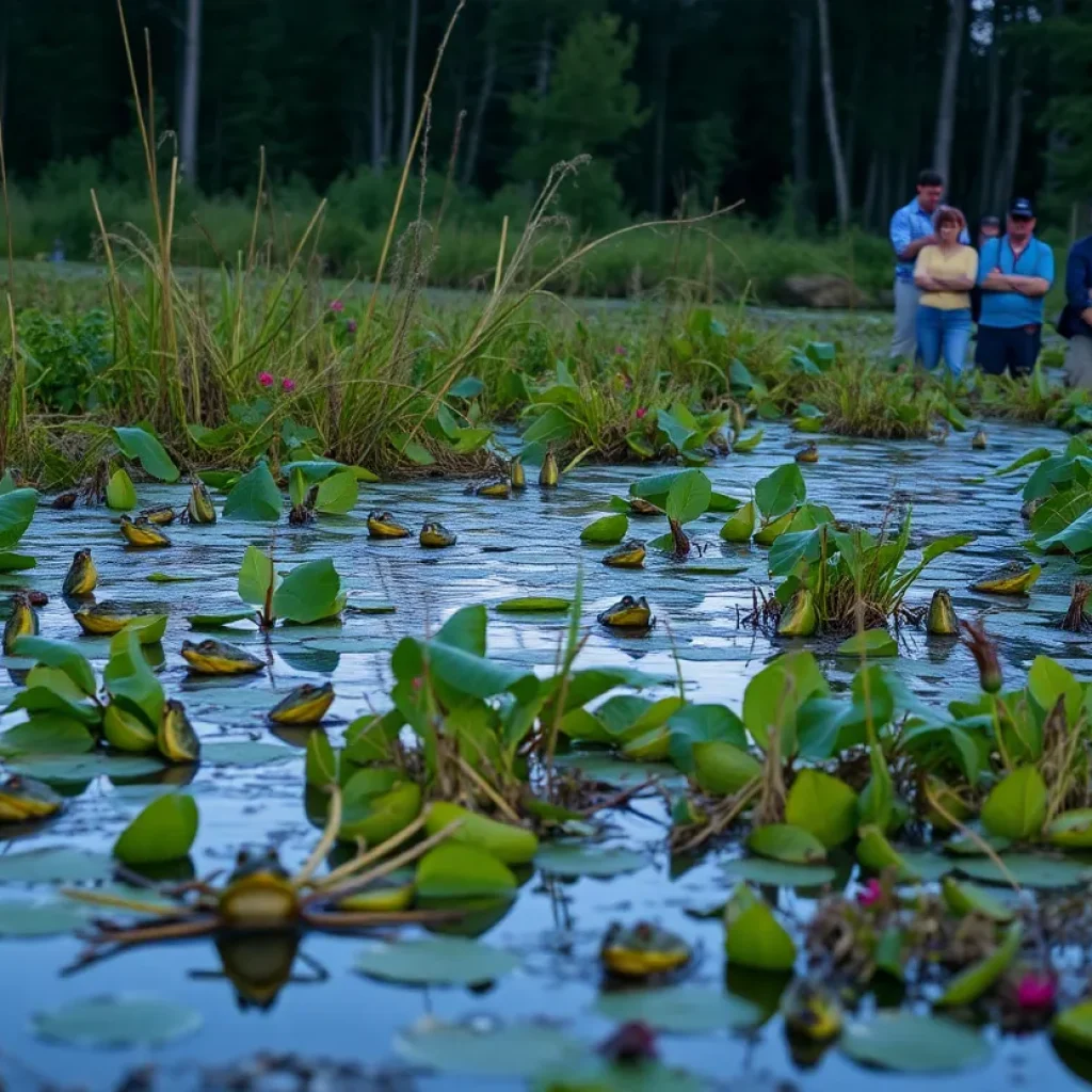 A group of volunteers observing frogs in a wetland during the Frog and Toad Survey.