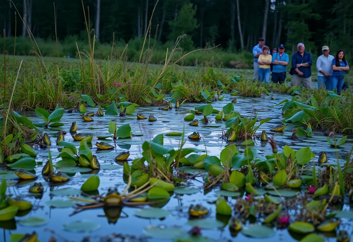 A group of volunteers observing frogs in a wetland during the Frog and Toad Survey.