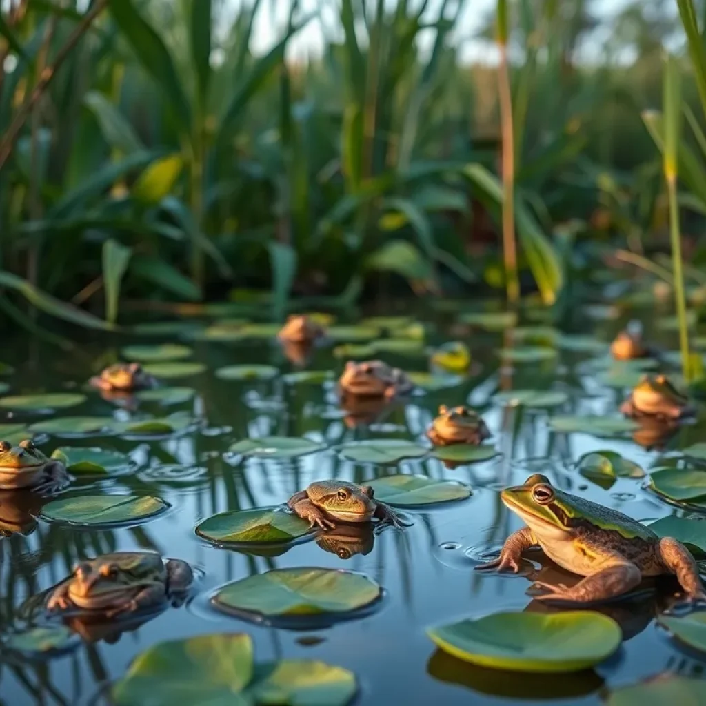 Frogs and toads in a wetland area during evening