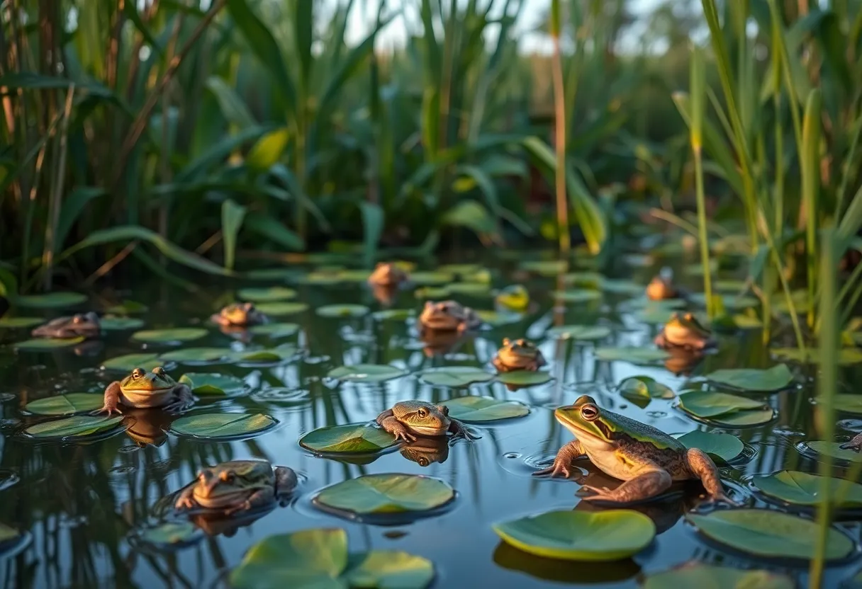 Frogs and toads in a wetland area during evening