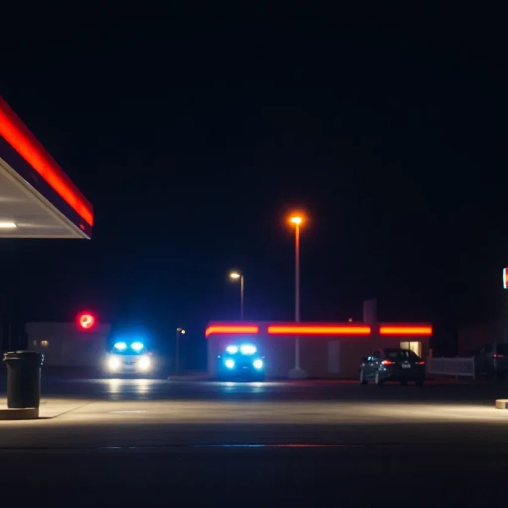 Police lights illuminating a gas station at night