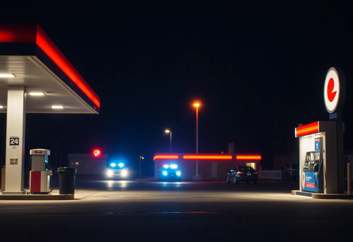 Police lights illuminating a gas station at night