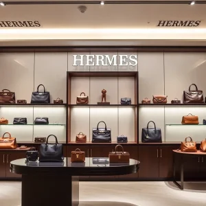 Interior of a Hermès boutique displaying luxury handbags