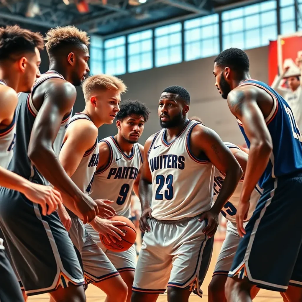 Illinois basketball team players collaborating during a game.