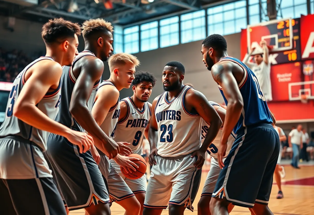 Illinois basketball team players collaborating during a game.