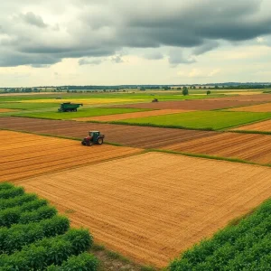 Farmers in Illinois working in a field as clouds loom overhead, symbolizing uncertainty.