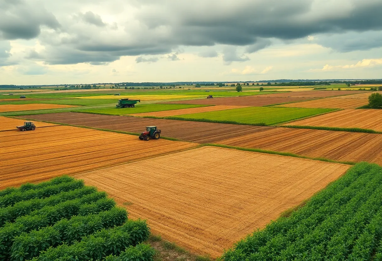 Farmers in Illinois working in a field as clouds loom overhead, symbolizing uncertainty.