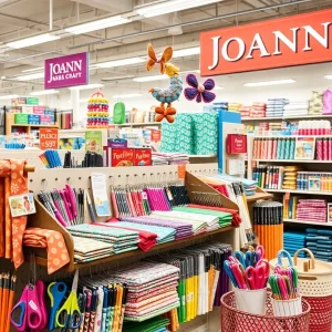 A variety of colorful craft supplies and fabrics on display in a Joann Fabric Store.