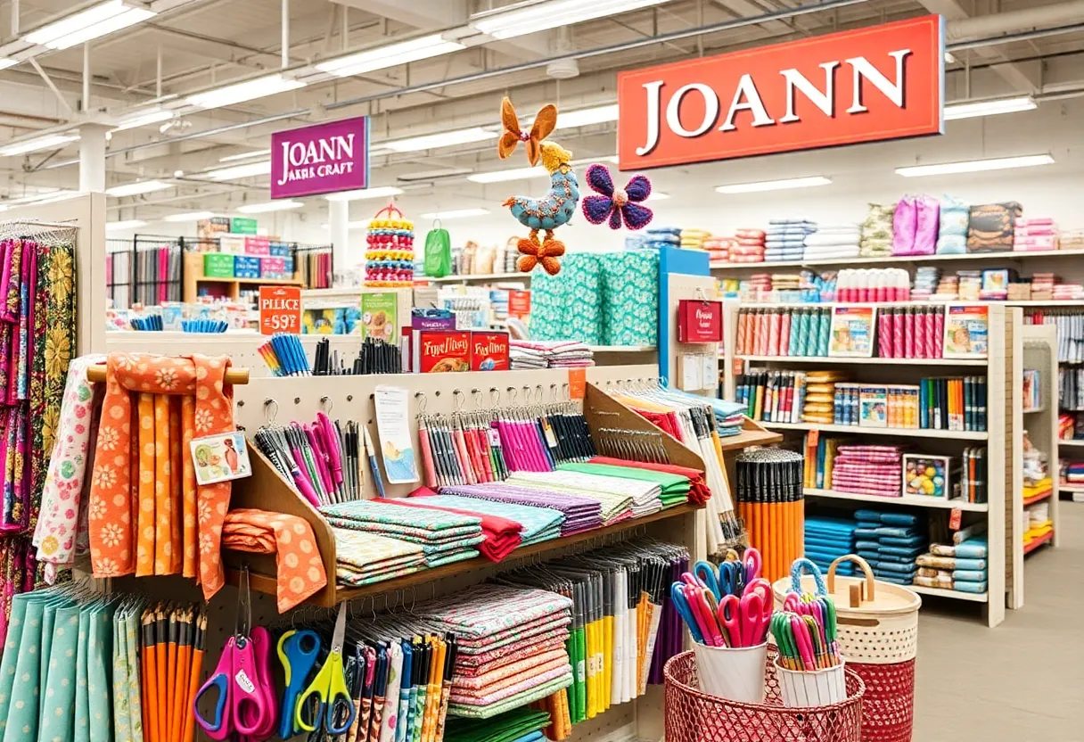 A variety of colorful craft supplies and fabrics on display in a Joann Fabric Store.