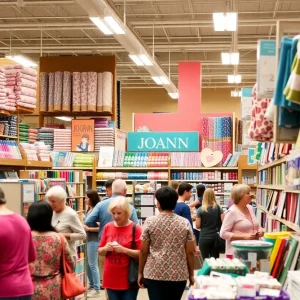 Interior of a Joann store filled with arts and crafts supplies and shoppers.