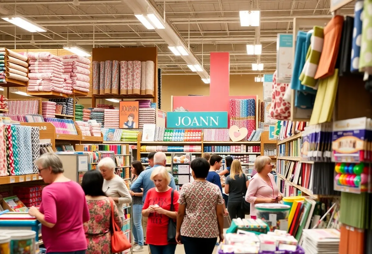 Interior of a Joann store filled with arts and crafts supplies and shoppers.