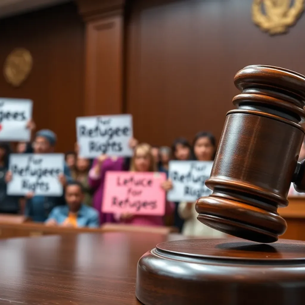 Courtroom with diverse individuals advocating for refugee rights