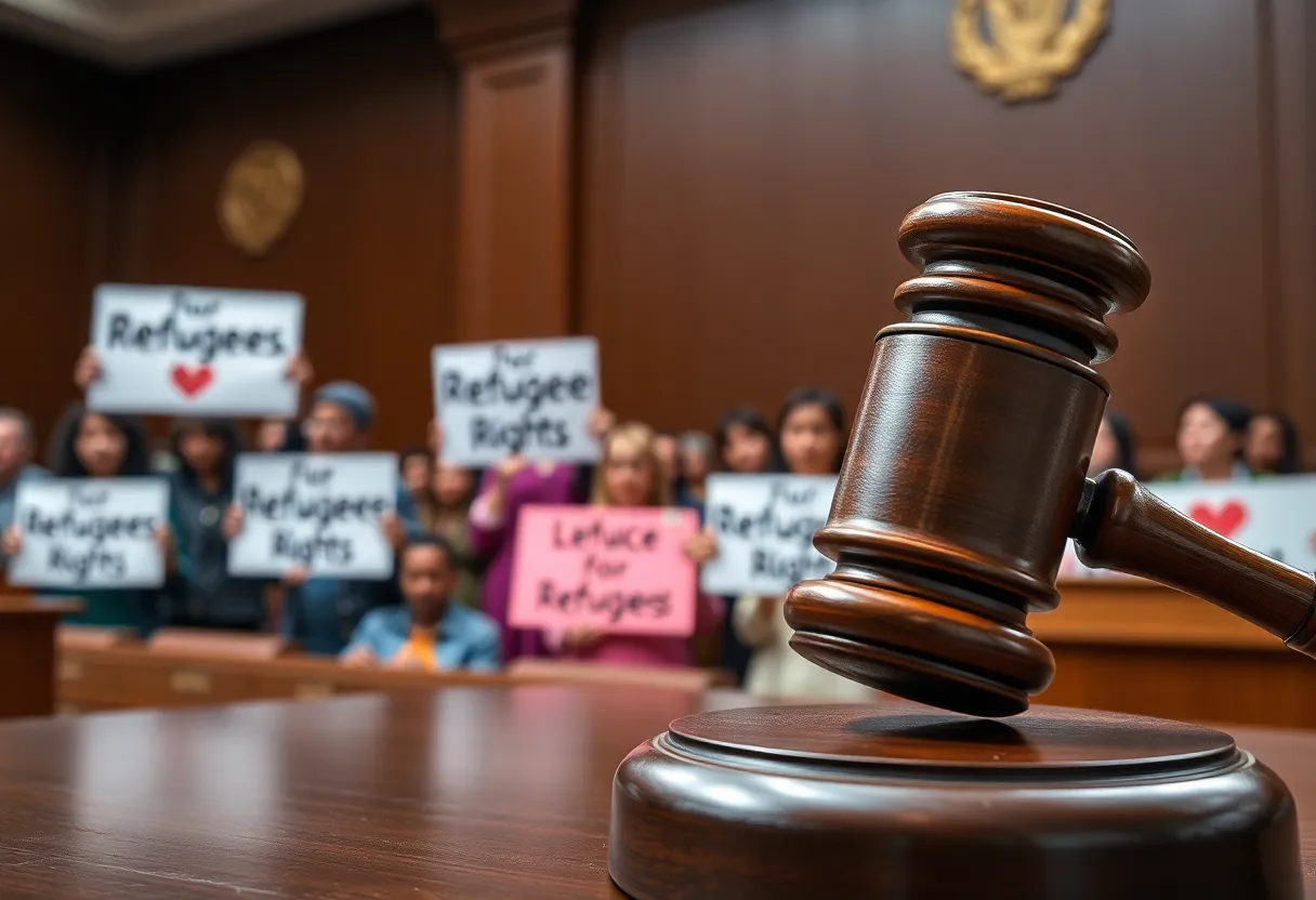 Courtroom with diverse individuals advocating for refugee rights