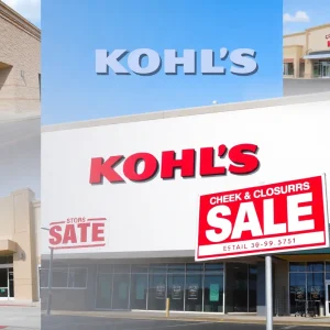 Empty exterior of Kohl's stores with sale signs.