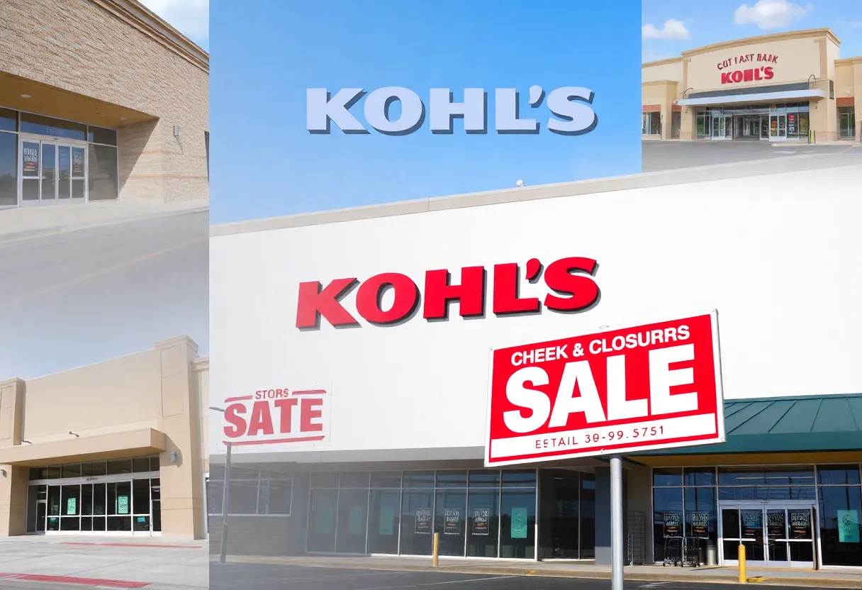 Empty exterior of Kohl's stores with sale signs.