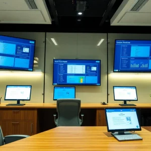 Office environment of a law firm with legal software screens