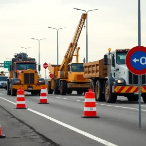 Construction workers and machinery on M-14 highway reconstruction