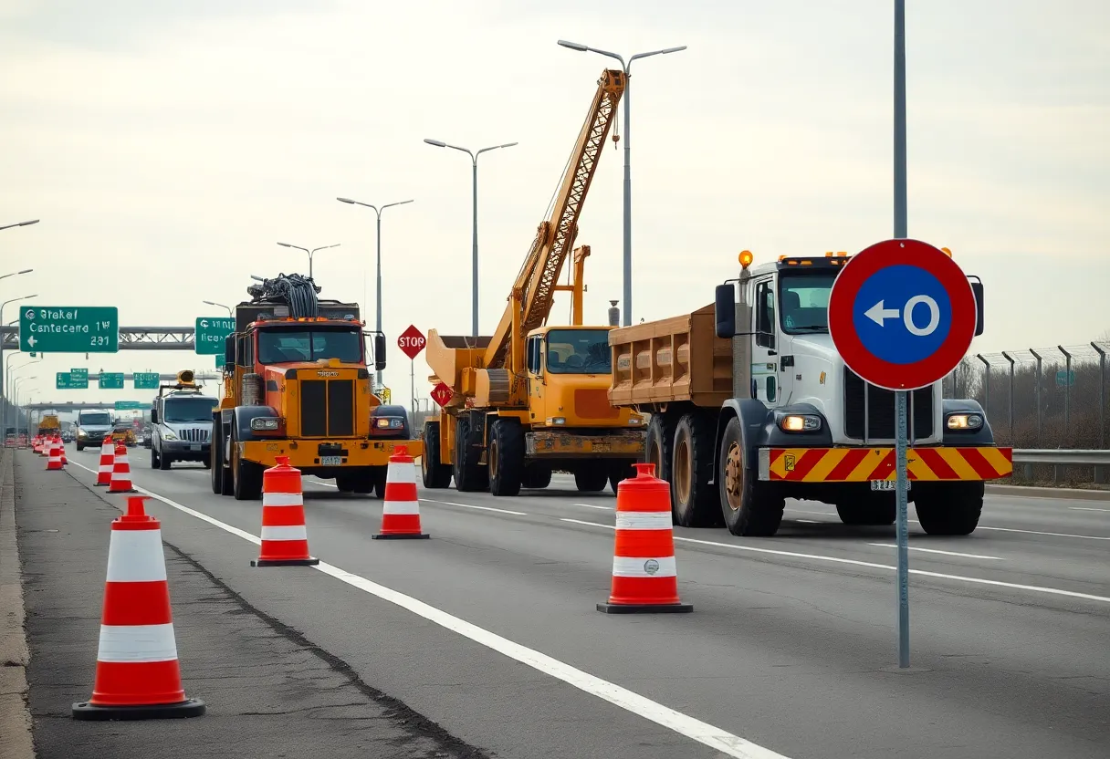 Construction workers and machinery on M-14 highway reconstruction