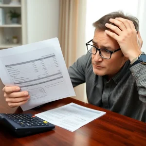 Person analyzing credit card bills and financial documents