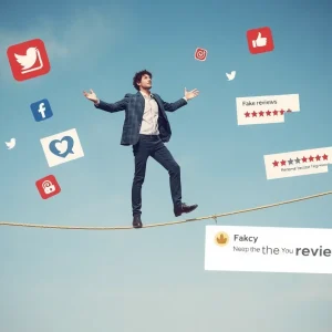 A marketer on a tightrope surrounded by social media icons and fake reviews.