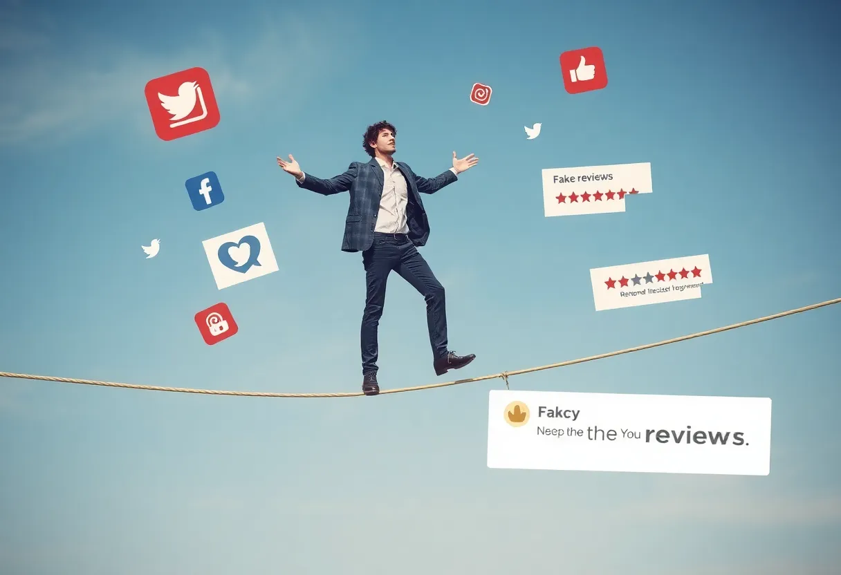 A marketer on a tightrope surrounded by social media icons and fake reviews.