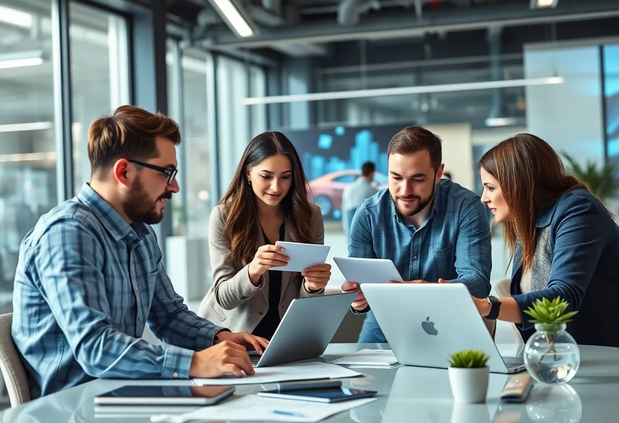 A diverse marketing team discussing strategies creatively in a contemporary workspace.