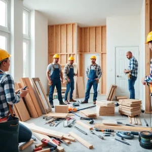 Workers engaged in a home improvement project with various tools and materials.