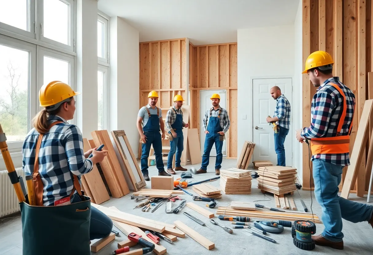 Workers engaged in a home improvement project with various tools and materials.