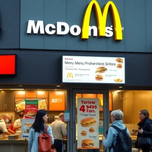 Exterior view of a McDonald's restaurant with signage about menu offerings and worried customers.