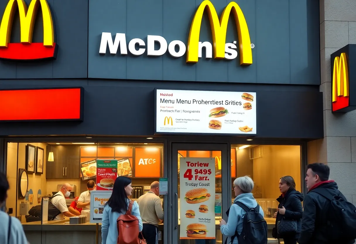 Exterior view of a McDonald's restaurant with signage about menu offerings and worried customers.