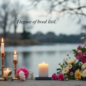 Memorial setting with candles and flowers